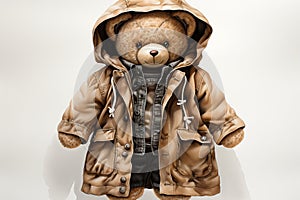 A teddy bear in a brown jacket on a white background. Generative AI Generative AI