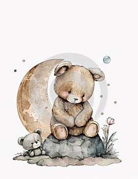 Teddy Bear Bunny Sitting On Moon white background handrawn graphic clipart, watercolor, cute Children's Drawing