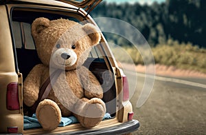 Teddy bear in a car on the roard. Travel tourism concept. Generative AI