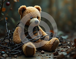 A teddy bear caught in barbed wire