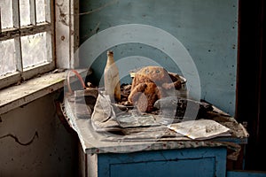 Teddy bear or cheburashka in ursery school in abandoned Pripyat city in Chernobyl Exclusion Zone, Ukraine
