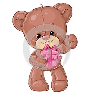 Teddy bear. Children character. Gift card. Happy birthday or valentine`s day greeting card.