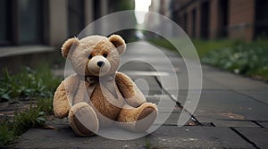Teddy bear children toy in the streets of war town