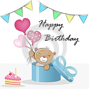 Teddy Bear comes out of a gift with balloons, happy birthday greeting card vector illustration