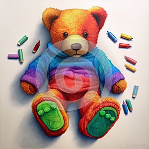 Colorful Teddy Bear Surrounded By Crayons In Hyperrealistic Style