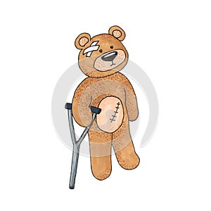 Teddy Bear with the crutch and the incision isolated on white, Teddy Bear toy is sick, Handicapped people concept photo