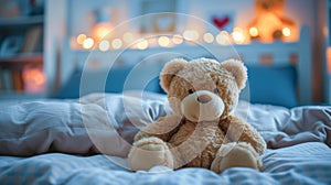 Teddy bear, cuddly toy on bed in children\'s room, generative ai photo