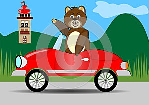 Teddy bear driving red car. Teddy bear traveling