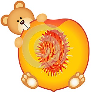 Teddy bear eating a peach slice