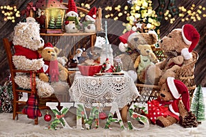 Teddy bear family at christmas time with milk and cookies