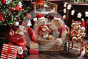 Teddy bear family at home at Christmas time