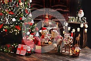 Teddy bear family at home at Christmas time