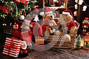 Teddy bear family at home at Christmas time