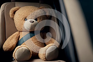 Teddy bear fastening seat safety belt in car for safety before driving on the road.