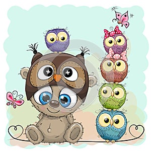 Teddy Bear and five Owls