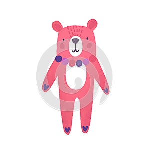 Teddy bear flat vector illustration. Cute pink animal cartoon character. Childish soft toy. Girl plaything. Toy for