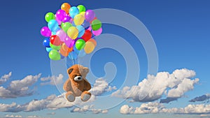 Teddy Bear Flies Away on Multicolored Balloons against Time-Lapse Sky Background, Beautiful 3d Animation. Ultra HD 4K