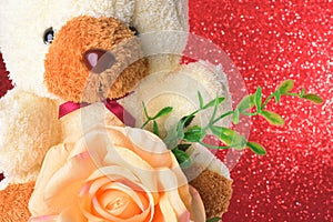 Teddy bear with flowers in valentines day on red glitter bokeh lights Blurred abstract background