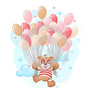 Teddy bear flying on balloons