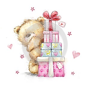 Teddy bear with the gifts.