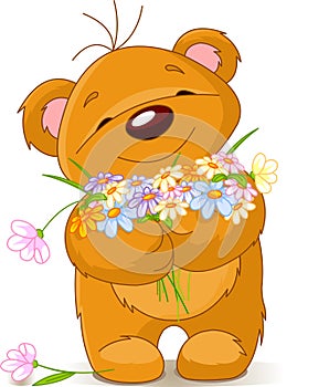Teddy bear giving a bouquet