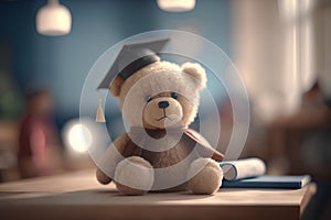 Teddy bear with graduation cap and diploma on table in classroom. Education concept