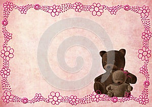 Teddy bear greeting card with pink flowers