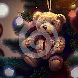 a teddy bear hanging from a christmas tree with ornaments around it and a red ribbon on it\'s neck