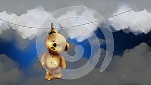 Teddy bear hanging on washing line, rain, rainy season, looped animation background.