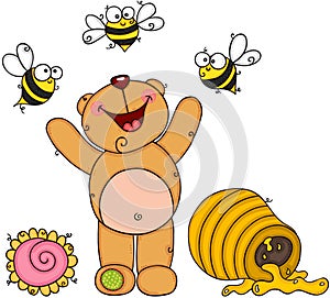 Teddy bear happy on garden with bees and honey