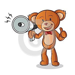 Teddy bear happy hold handy loudspeaker mascot vector cartoon art illustration