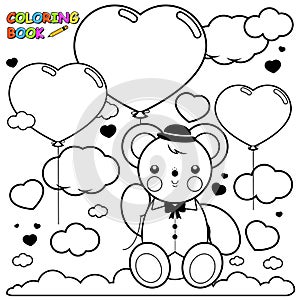 Teddy bear holding balloons in the sky. Vector black and white coloring page.