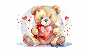 Teddy bear with heart on white background. Watercolor illustration.