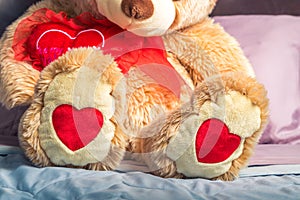 A teddy bear with hearts on its feet is sitting on a bed. Close up