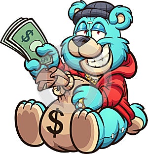 Teddy bear holding a big bag of money and some bills.