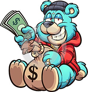 Teddy bear holding a big bag of money and some bills. photo