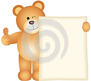 Teddy bear holding a blank sign