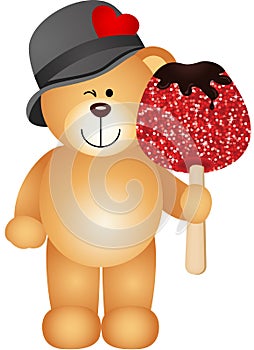 Teddy bear holding candied apple