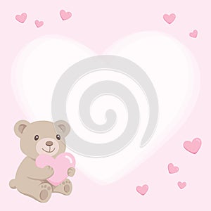 Teddy Bear Holding Heart Shape Pillow With White Blank Heart Shape Frame, Baby Shower Invitation Card, Valentine`s Day