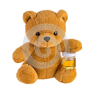 Teddy bear holding honey pot isolated without shadow