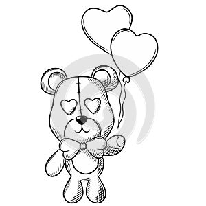 Teddy bear holding a love balloon black and white