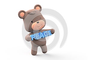 Teddy bear holding the word peace in English writing. teddy bear isolated on white background 3D Render