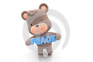 Teddy bear holding the word peace in English writing. teddy bear isolated on white background 3D Render