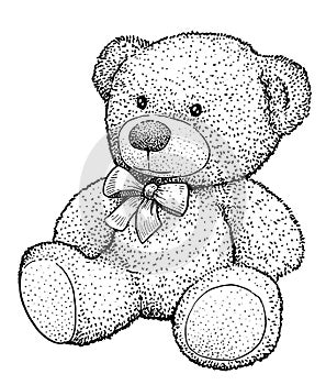 Teddy bear illustration, drawing, engraving, ink, line art, vector