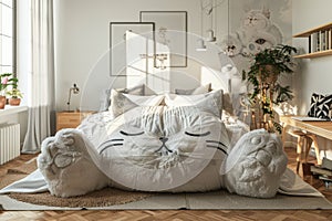 Teddy Bear Large Bed, Couch in form of Stuffed Toy, Cozy Bedroom with Soft Toy as Bed in Interior