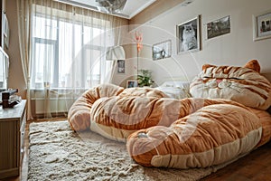 Teddy Bear Large Bed, Couch in form of Stuffed Toy, Cozy Bedroom with Soft Toy as Bed in Interior