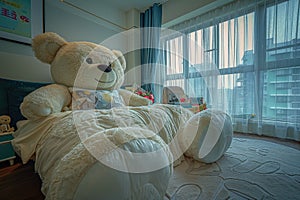 Teddy Bear Large Bed, Couch in form of Stuffed Toy, Cozy Bedroom with Soft Toy as Bed in Interior