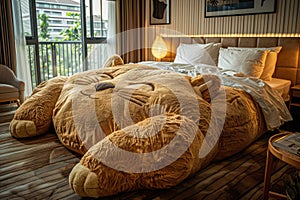 Teddy Bear Large Bed, Couch in form of Stuffed Toy, Cozy Bedroom with Soft Toy as Bed in Interior