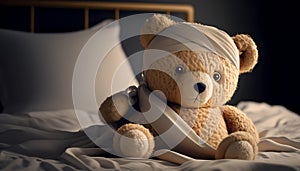 Teddy bear laying in bed and feeling sick. Generative AI