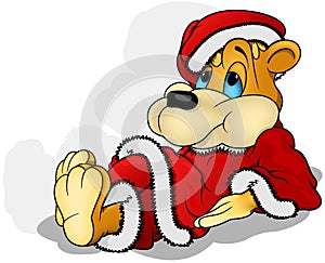 Teddy Bear Leaning on his Elbows Lying on the Ground in a Santa Claus Costume